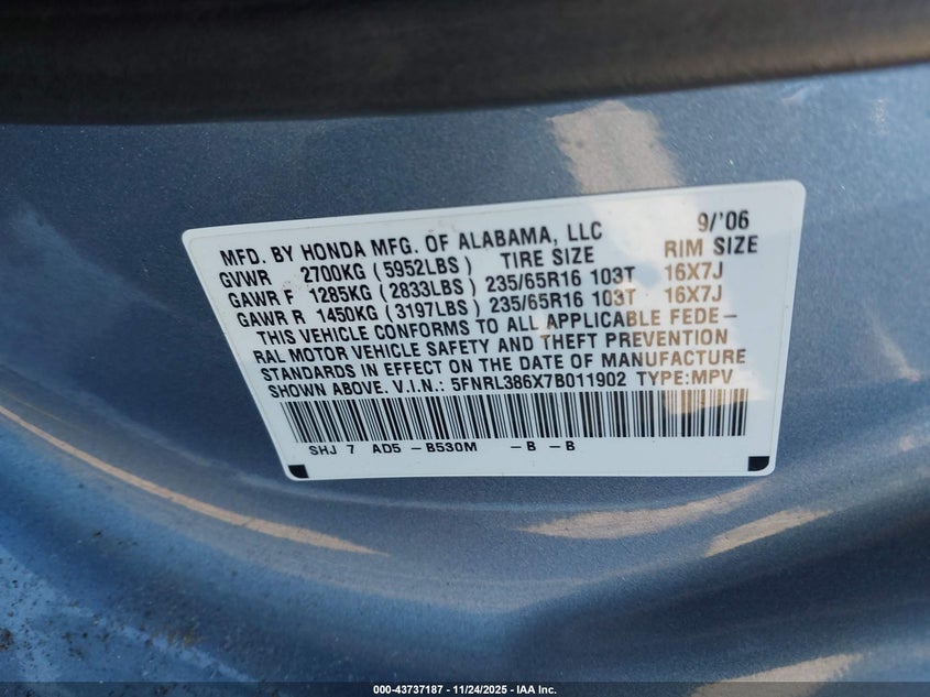 2007 Honda Odyssey Ex-L VIN: 5FNRL386X7B011902 Lot: 43737187