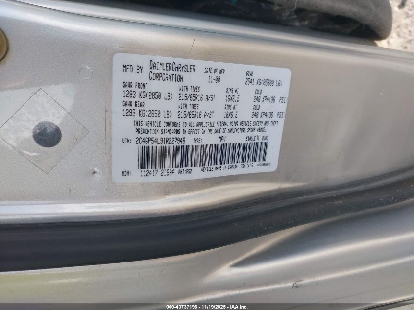 2001 Chrysler Town & Country Lxi VIN: 2C4GP54L91R227948 Lot: 43737196