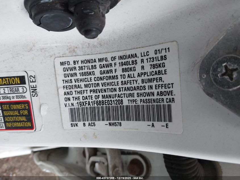 2011 Honda Civic Lx-S VIN: 19XFA1F68BE031208 Lot: 43737209