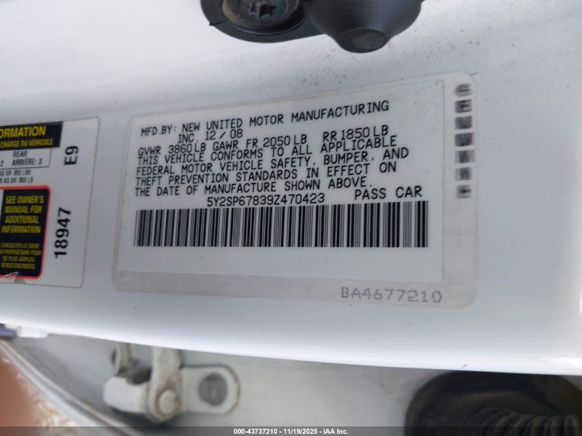 2009 Pontiac Vibe VIN: 5Y2SP67839Z470423 Lot: 43737210