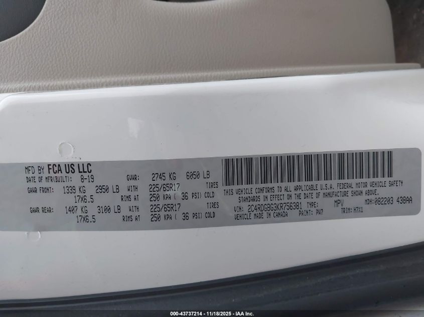 2019 Dodge Grand Caravan Se VIN: 2C4RDGBG3KR756381 Lot: 43737214