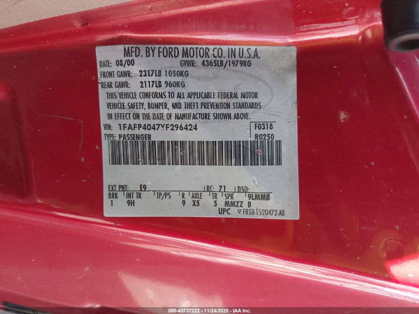 2000 Ford Mustang VIN: 1FAFP4047YF296424 Lot: 43737222