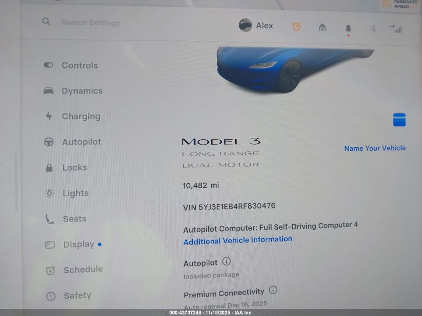 2024 Tesla Model 3 Long Range Dual Motor All-Wheel Drive VIN: 5YJ3E1EB4RF830476 Lot: 43737248