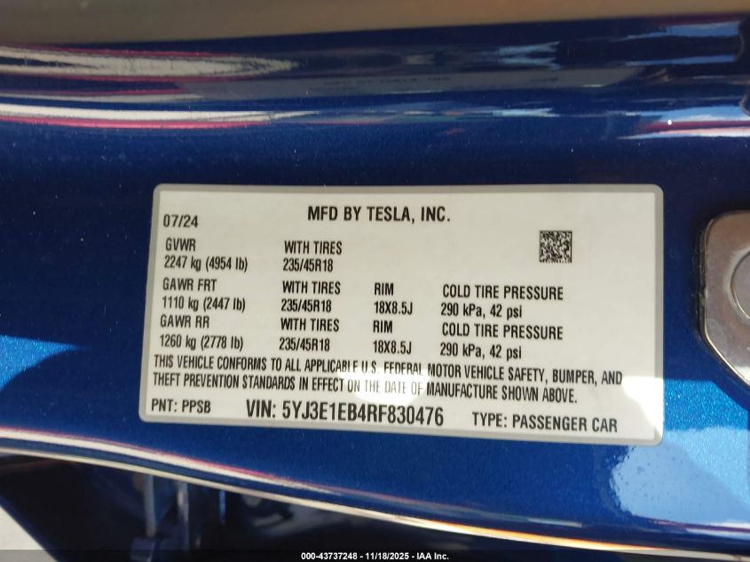 2024 Tesla Model 3 Long Range Dual Motor All-Wheel Drive VIN: 5YJ3E1EB4RF830476 Lot: 43737248