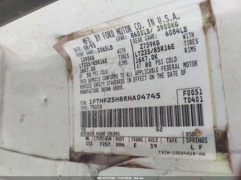1994 Ford F250 VIN: 1FTHF25H8RNA04745 Lot: 43737255