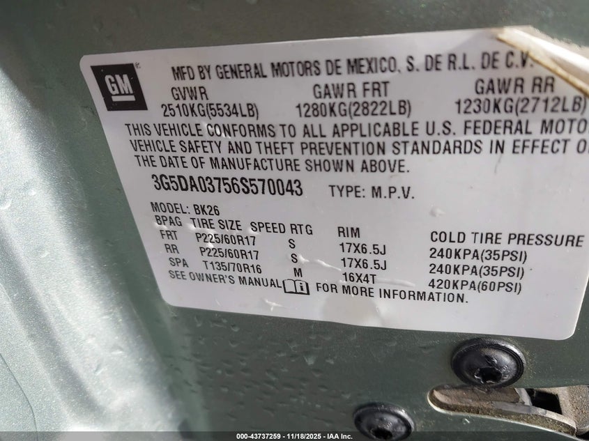 2006 Buick Rendezvous Cx VIN: 3G5DA03756S570043 Lot: 43737259