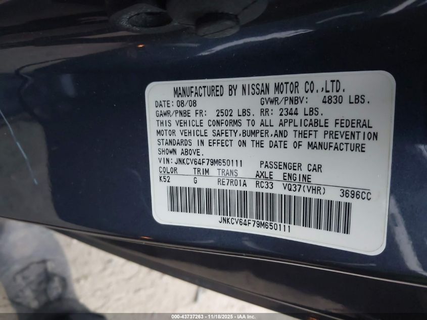 2009 Infiniti G37X VIN: JNKCV64F79M650111 Lot: 43737263