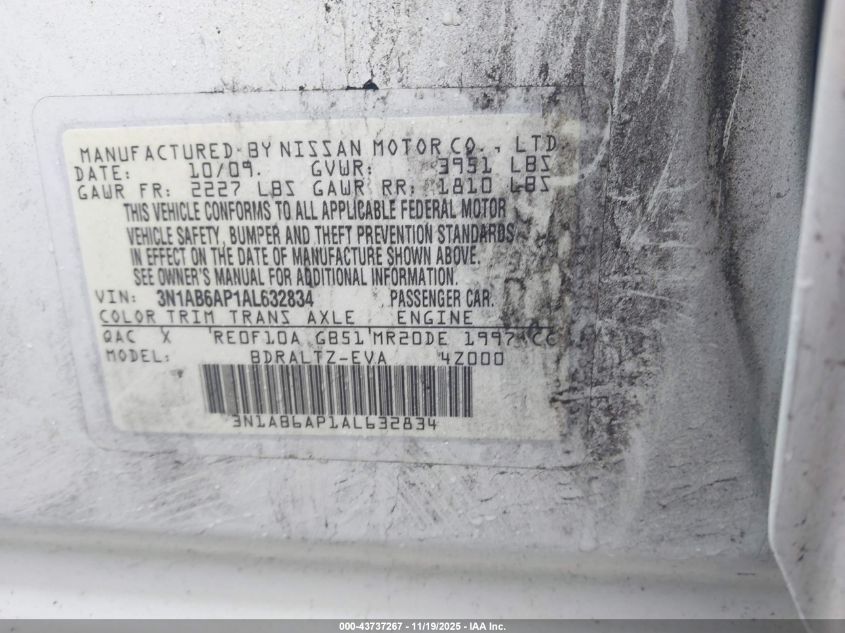 2010 Nissan Sentra 2.0Sr VIN: 3N1AB6AP1AL632834 Lot: 43737267