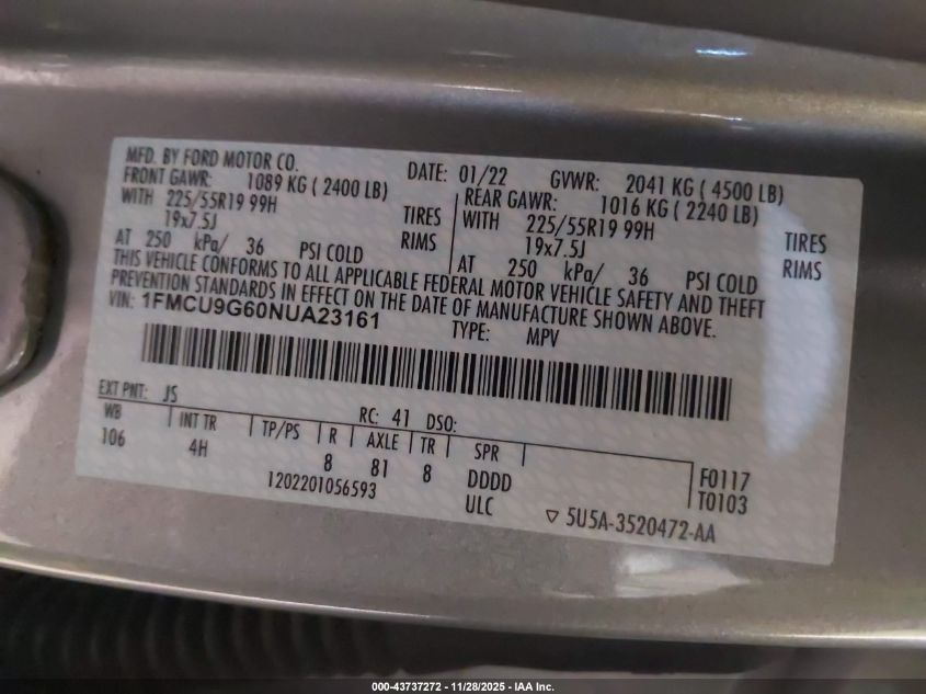 2022 Ford Escape Se VIN: 1FMCU9G60NUA23161 Lot: 43737272