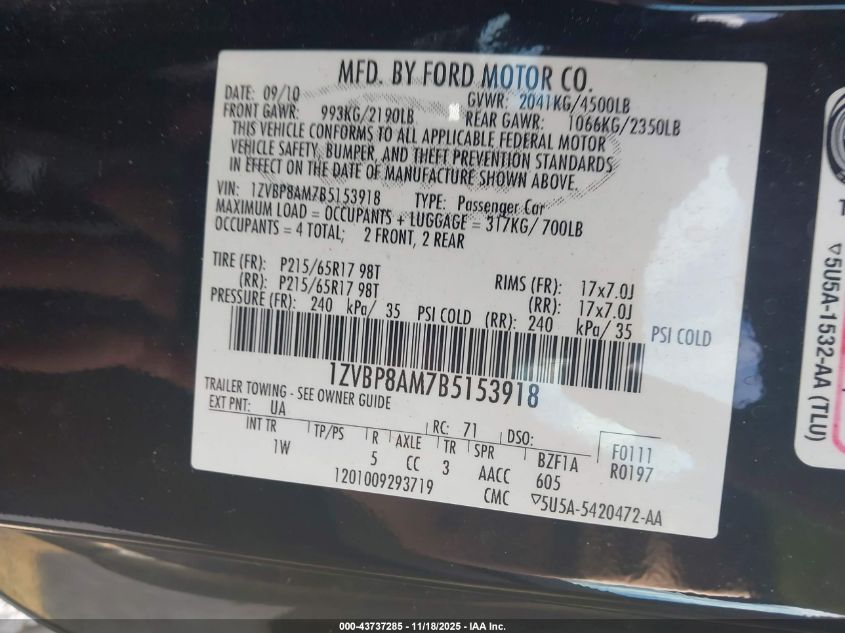 2011 Ford Mustang V6 VIN: 1ZVBP8AM7B5153918 Lot: 43737285