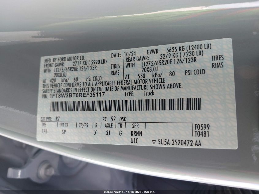 2024 Ford F-350 King Ranch VIN: 1FT8W3BT6REF35117 Lot: 43737315