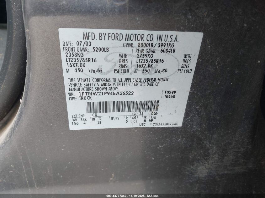 2004 Ford F-250 Lariat/Xl/Xlt VIN: 1FTNW21P94EA26522 Lot: 43737342