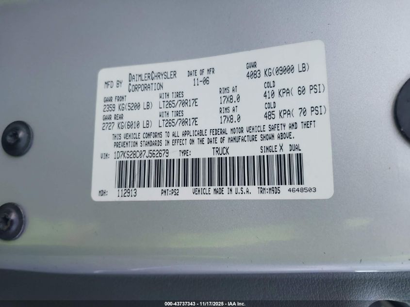 2007 Dodge Ram 2500 Slt/Sport VIN: 1D7KS28C07J562679 Lot: 43737343