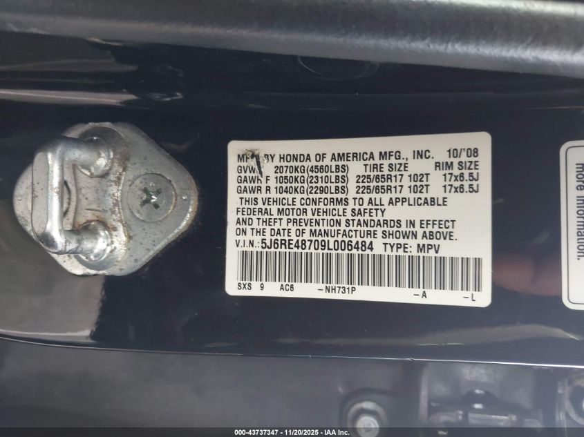 2009 Honda Cr-V Ex-L VIN: 5J6RE48709L006484 Lot: 43737347