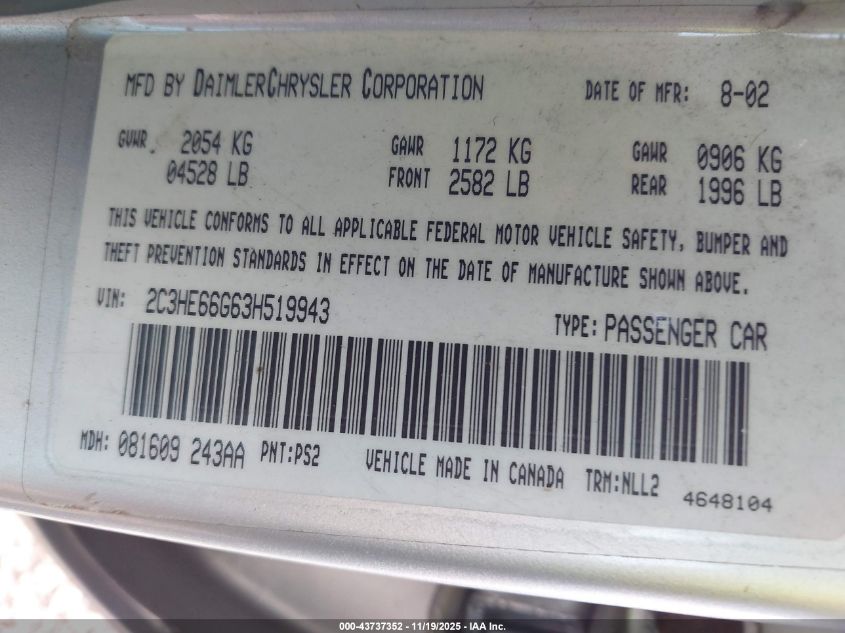 2003 Chrysler 300M VIN: 2C3HE66G63H519943 Lot: 43737352