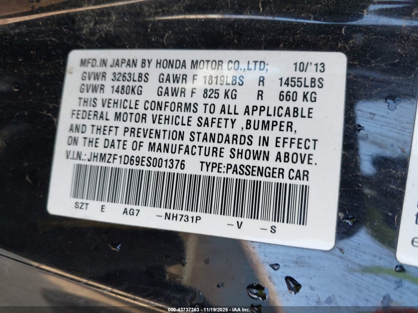 JHMZF1D69ES001376 2014 HONDA CR-Z photo no. 9