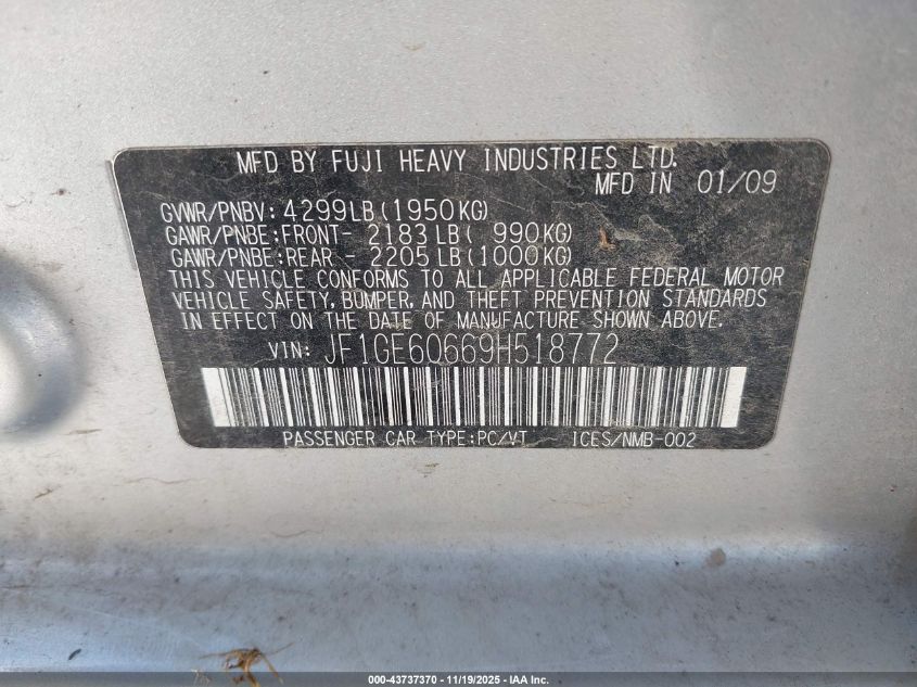 2009 Subaru Impreza 2.5I VIN: JF1GE60669H518772 Lot: 43737370