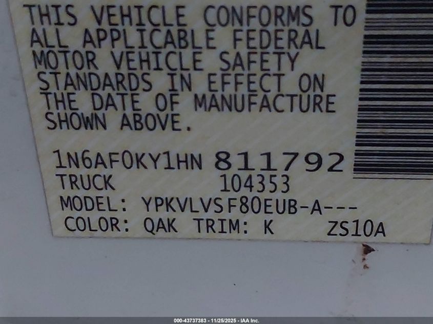 2017 Nissan Nv Cargo Nv3500 Hd Sl V8 VIN: 1N6AF0KY1HN811792 Lot: 43737383