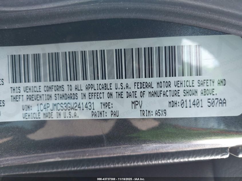 2016 Jeep Cherokee Latitude VIN: 1C4PJMCS3GW241431 Lot: 43737388