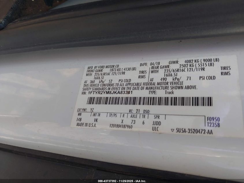2018 Ford Transit-250 VIN: 1FTYR2YM8JKA83341 Lot: 43737392