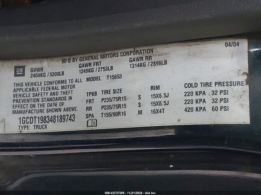 2004 Chevrolet Colorado Ls VIN: 1GCDT198348189743 Lot: 43737395