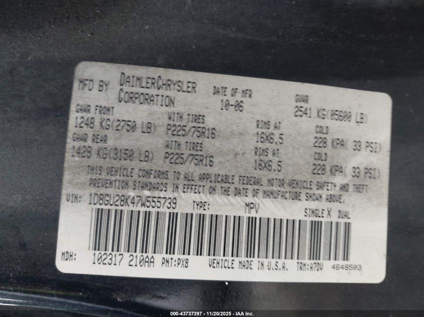 2007 Dodge Nitro Sxt VIN: 1D8GU28K47W555739 Lot: 43737397