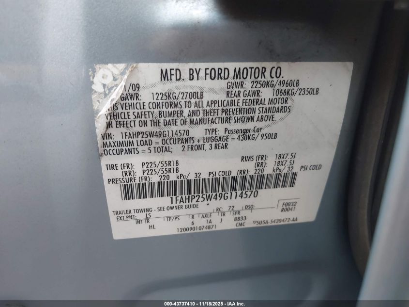 2009 Ford Taurus Limited VIN: 1FAHP25W49G114570 Lot: 43737410