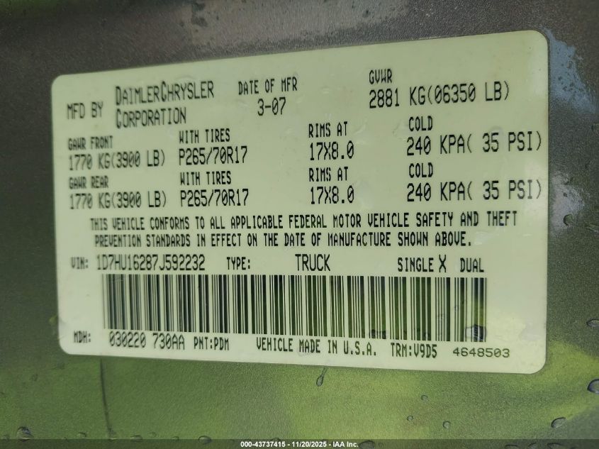 2007 Dodge Ram 1500 Slt/Trx4 Off Road/Sport VIN: 1D7HU16287J592232 Lot: 43737415