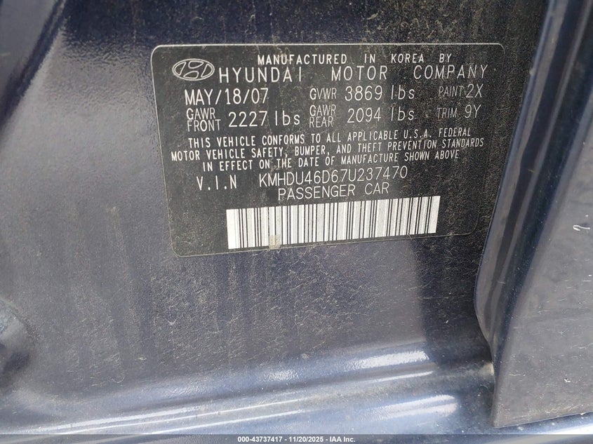 KMHDU46D67U237470 2007 HYUNDAI ELANTRA photo no. 9