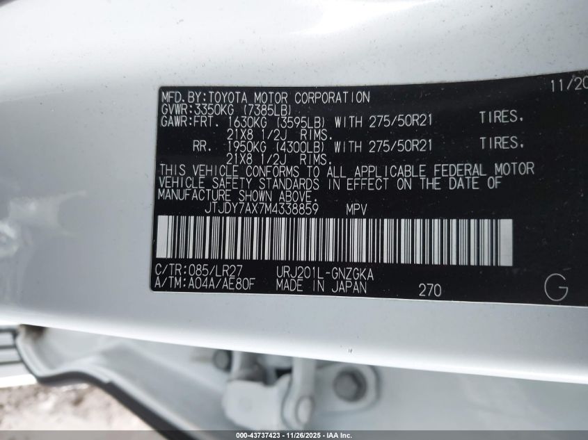 2021 Lexus Lx 570 Three-Row VIN: JTJDY7AX7M4338859 Lot: 43737423