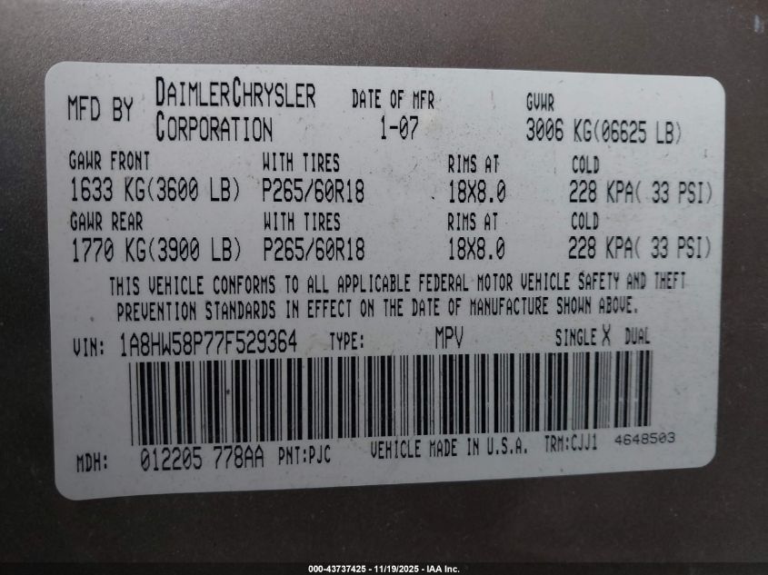 2007 Chrysler Aspen Limited VIN: 1A8HW58P77F529364 Lot: 43737425