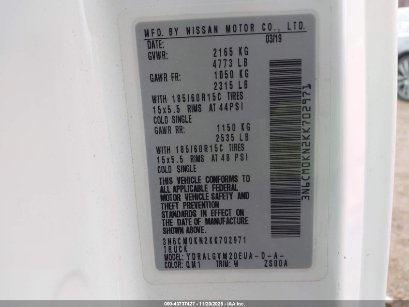 2019 Nissan Nv200 Sv VIN: 3N6CM0KN2KK702971 Lot: 43737427