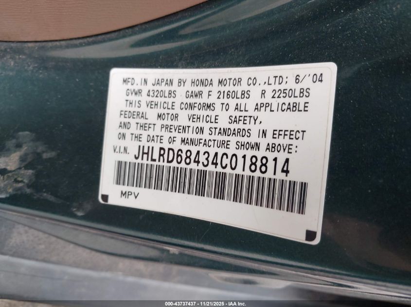 2004 Honda Cr-V Lx VIN: JHLRD68434C018814 Lot: 43737437