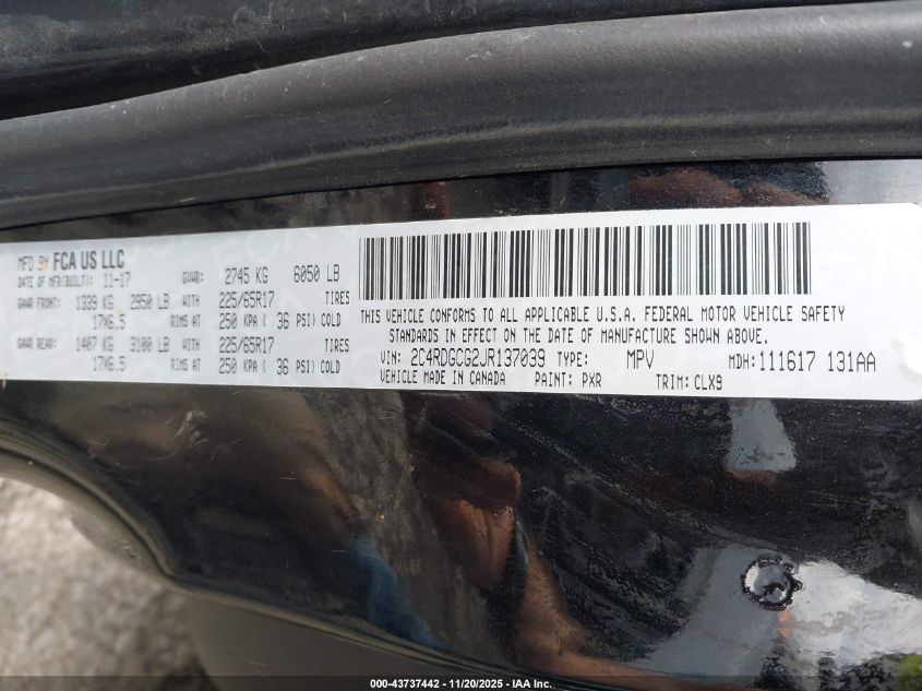 2018 Dodge Grand Caravan Sxt VIN: 2C4RDGCG2JR137039 Lot: 43737442