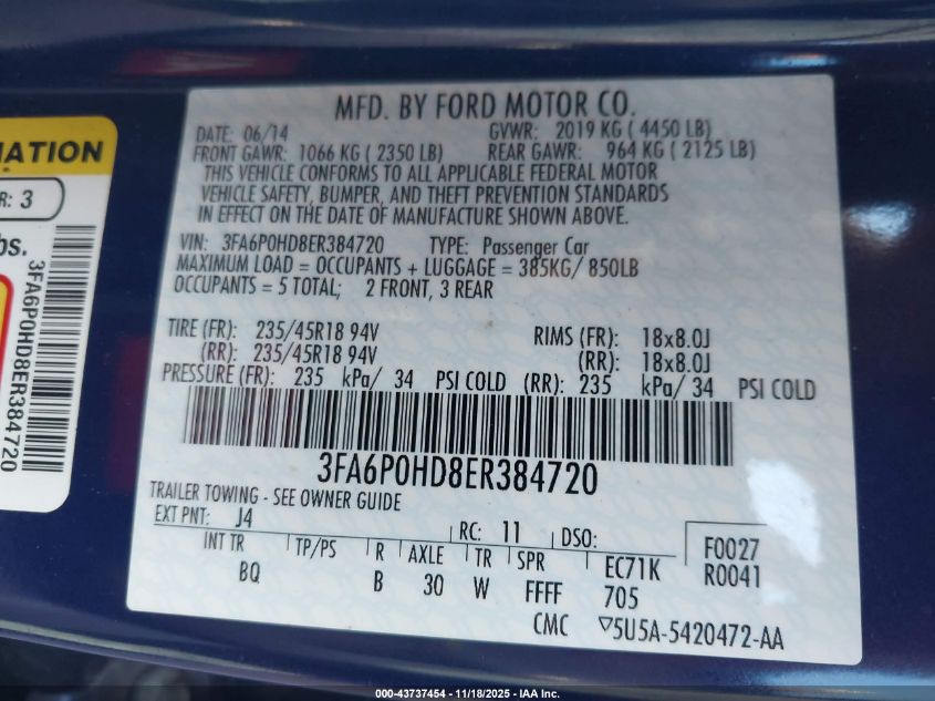 2014 Ford Fusion Se VIN: 3FA6P0HD8ER384720 Lot: 43737454