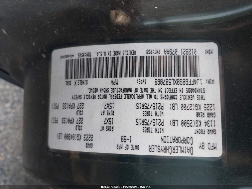 1999 Jeep Cherokee Classic/Sport VIN: 1J4FF68S8XL597869 Lot: 43737456