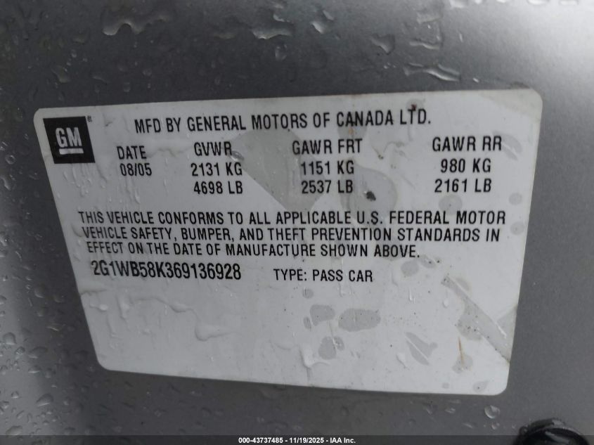 2006 Chevrolet Impala Ls VIN: 2G1WB58K369136928 Lot: 43737485