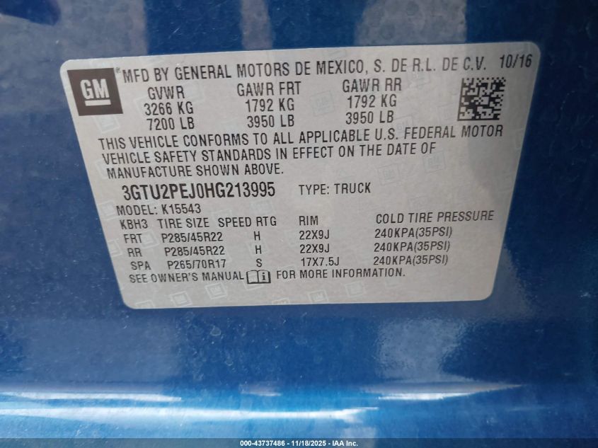2017 GMC Sierra 1500 Denali VIN: 3GTU2PEJ0HG213995 Lot: 43737486