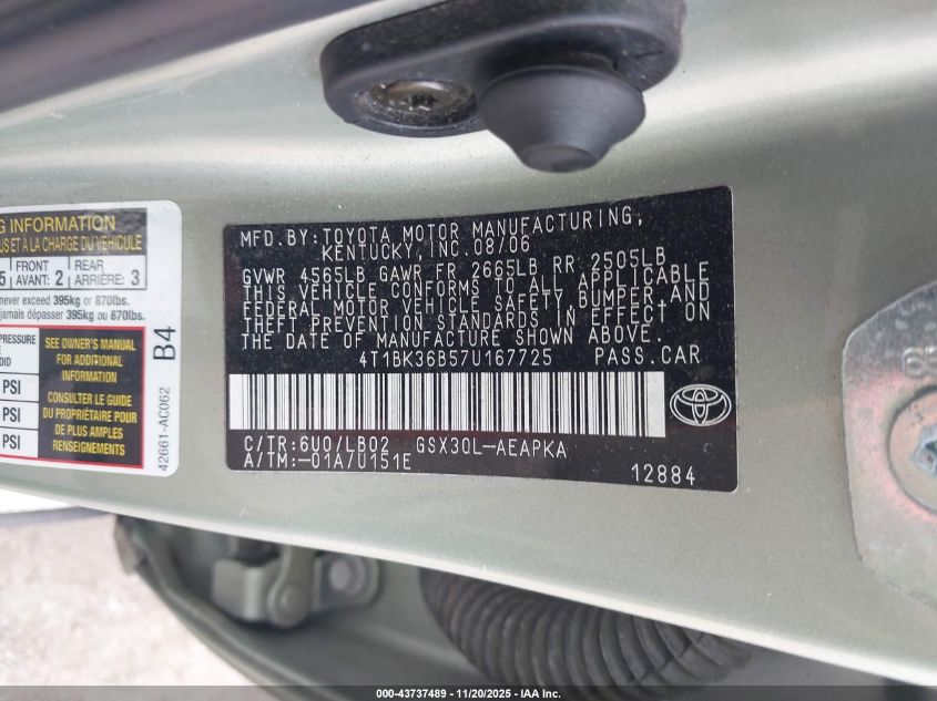 2007 Toyota Avalon Limited VIN: 4T1BK36B57U167725 Lot: 43737489