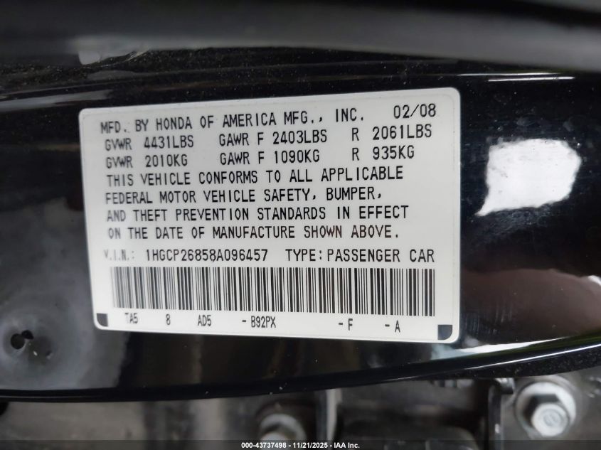 2008 Honda Accord 2.4 Ex-L VIN: 1HGCP26858A096457 Lot: 43737498