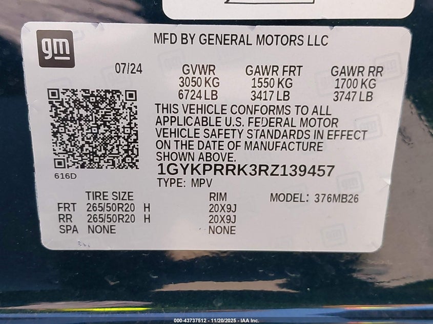 2024 Cadillac Lyriq Luxury W/1Sd VIN: 1GYKPRRK3RZ139457 Lot: 43737512