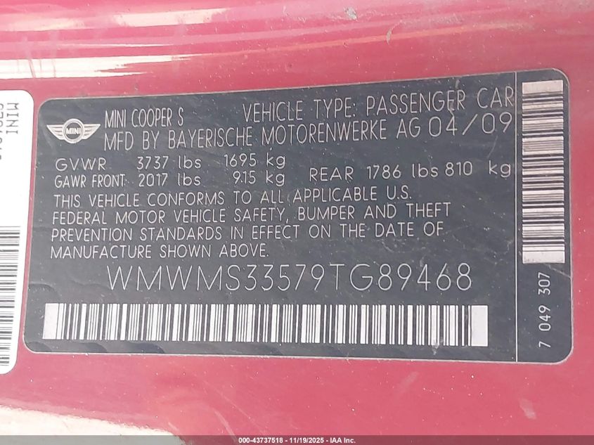 2009 Mini Cooper S VIN: WMWMS33579TG89468 Lot: 43737518