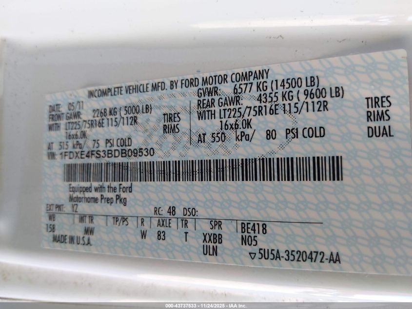 2011 Ford E-450 Cutaway VIN: 1FDXE4FS3BDB09530 Lot: 43737533