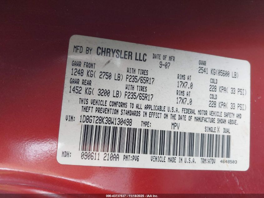 2008 Dodge Nitro Sxt VIN: 1D8GT28K38W130498 Lot: 43737537