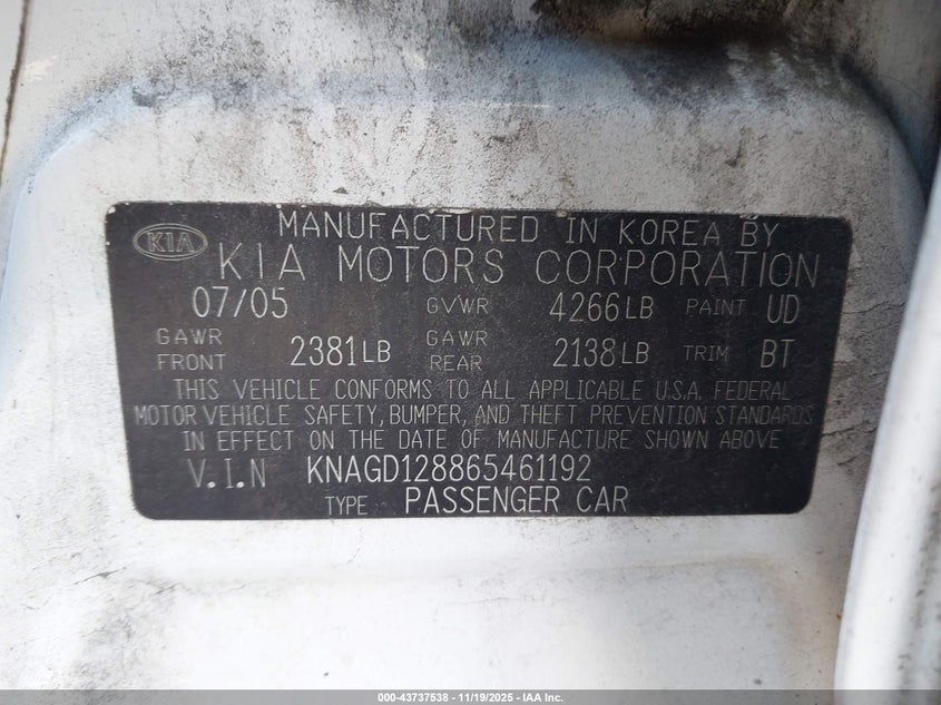 2006 Kia Optima Ex V6/Lx V6 VIN: KNAGD128865461192 Lot: 43737538