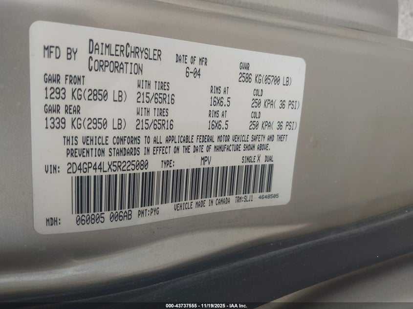 2005 Dodge Grand Caravan Sxt VIN: 2D4GP44LX5R225080 Lot: 43737555