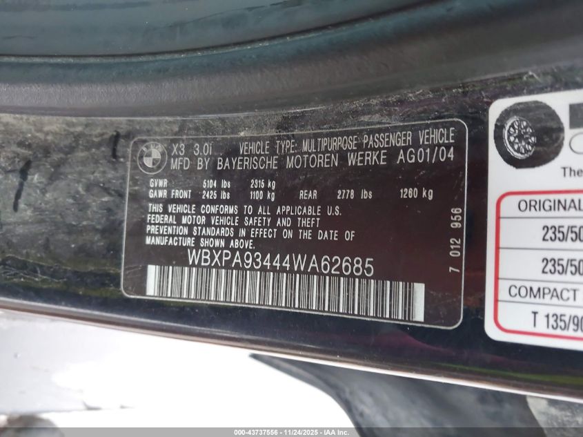 2004 BMW X3 3.0I VIN: WBXPA93444WA62685 Lot: 43737556