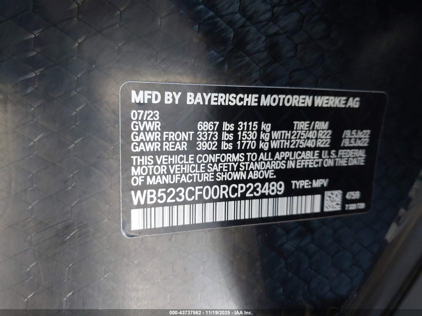 2024 BMW Ix xDrive50 VIN: WB523CF00RCP23489 Lot: 43737562