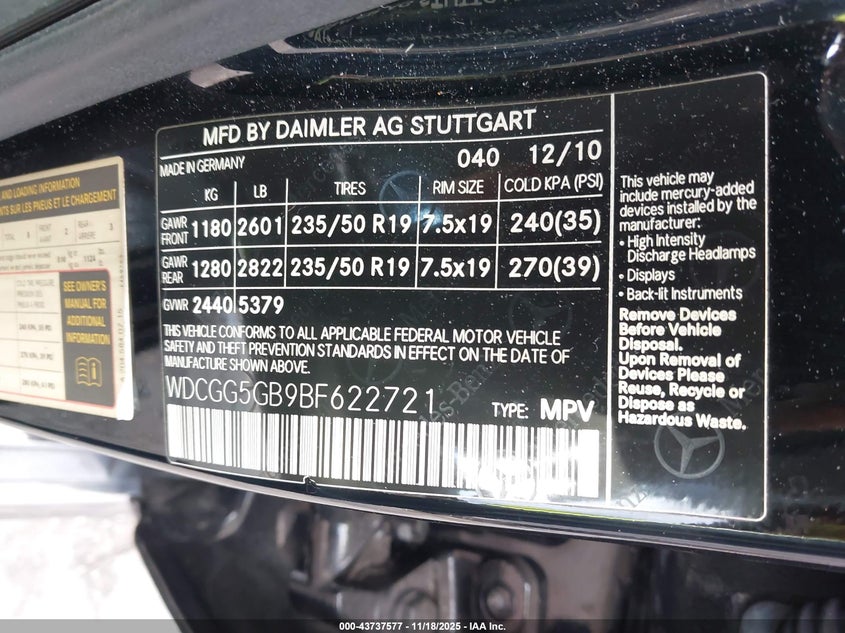 2011 Mercedes-Benz Glk 350 VIN: WDCGG5GB9BF622721 Lot: 43737577
