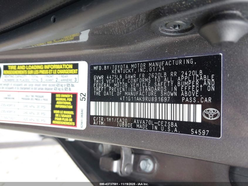 2024 Toyota Camry Se VIN: 4T1G11AK9RU891697 Lot: 43737581